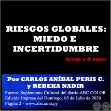RIESGOS GLOBALES: MIEDO E INCERTIDUMBRE - Por CARLOS ANBAL PERIS CASTIGLIONI y REBEKA NADIR - Domingo, 05 de Julio  de 2020